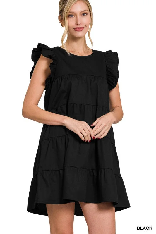 RUFFLED CAP SLEEVE BABYDOLL TIERED MINI DRESS