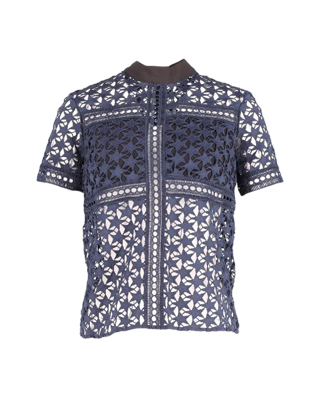 Self-Portrait Star Pattern Sheer Top in Navy Blue Polyester