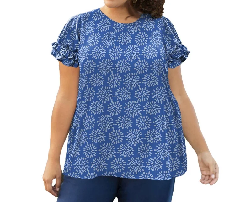 Short Sleeve Ruffle Blouse - Plus Size In Blue Globe Floral