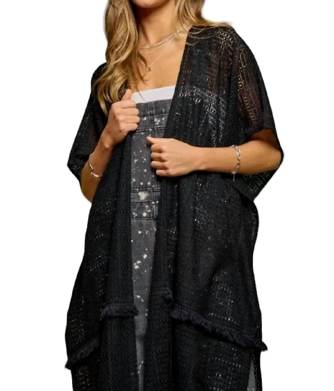 Square-Lace Fringe Trim Detail Open Front Kimono In Black