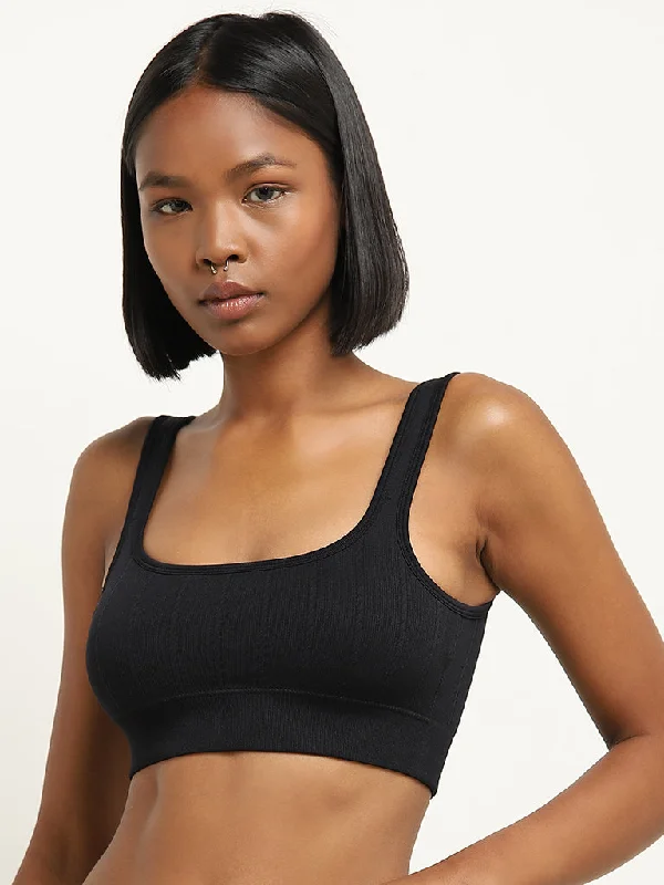 Superstar Black Ribbed Textured Seamfree Sports Bra