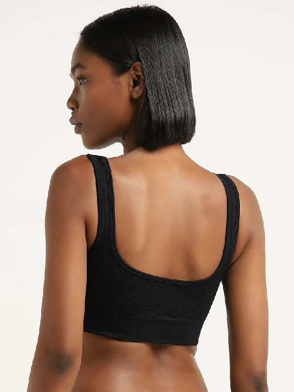 Superstar Black Ribbed Textured Seamfree Sports Bra