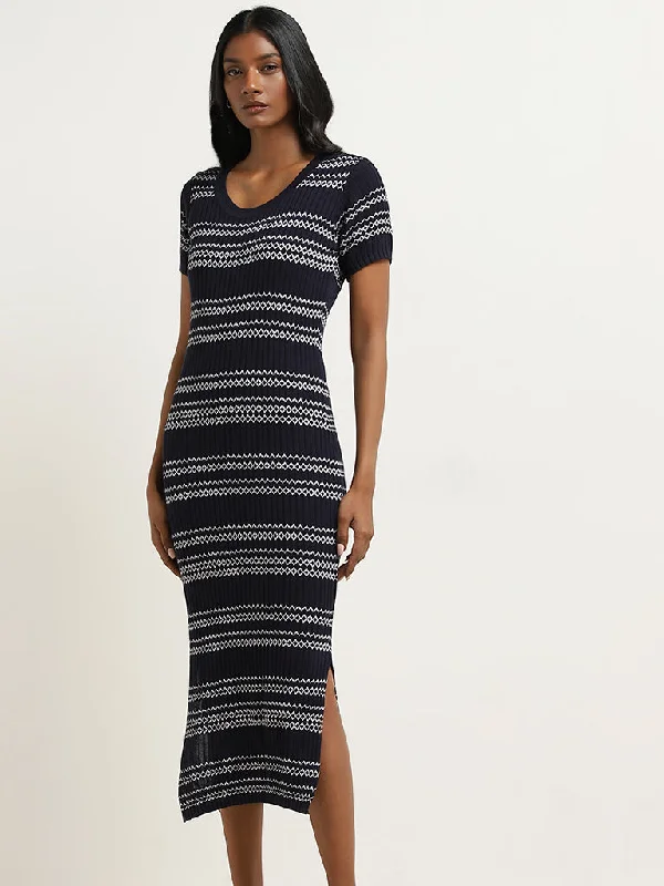 Wardrobe Navy Ribbed-Textured Bodycon Dress