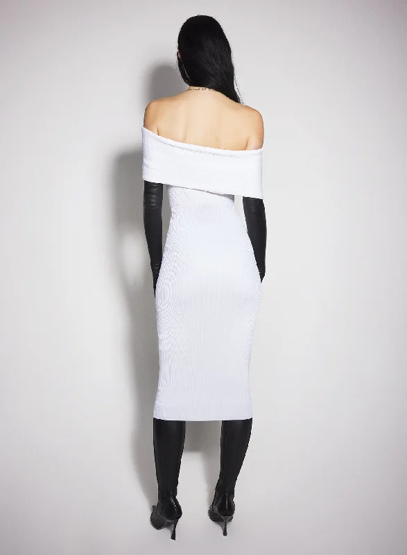 white off-shoulder sculpting knit dress