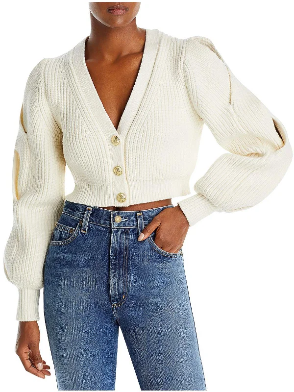 Womens Cropped Rib Knit Cardigan Sweater