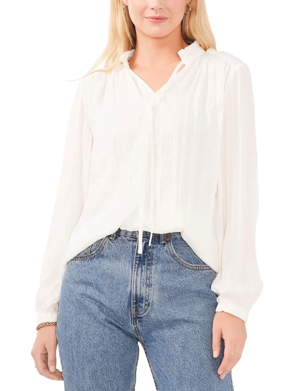 Womens Sheer Ruffle Split Neck Blouse