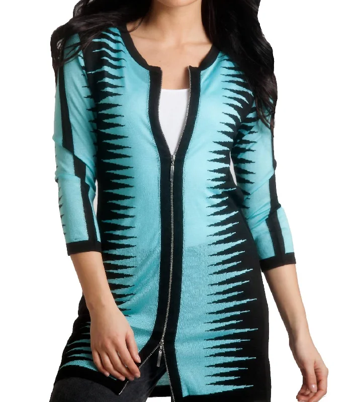 Zig-Zag Zip Long Cardigan In Black/aqua