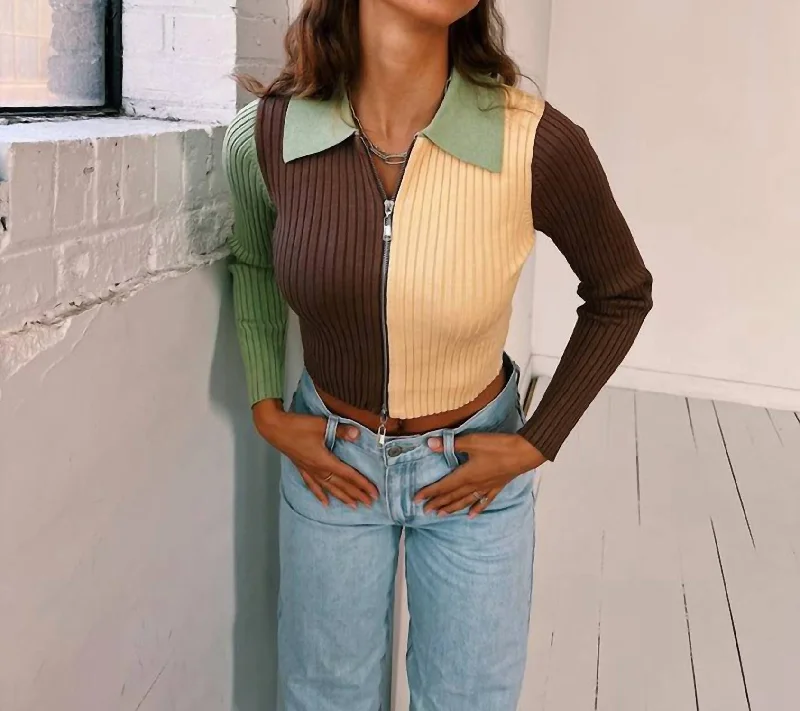 Zip Up Crop Cardigan In Green/brown/yellow Colorblock