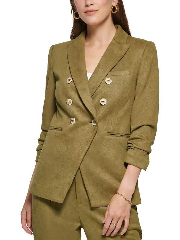 Petites Womens Faux Suede Ruched Double-Breasted Blazer