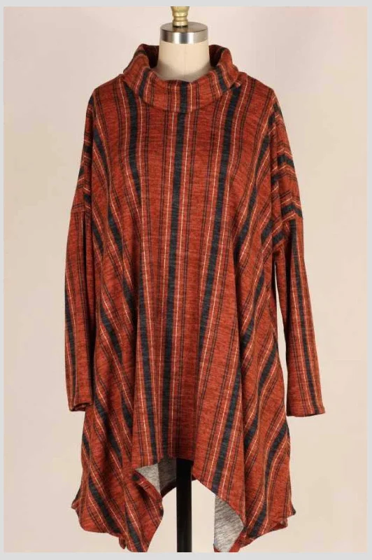 SALE!! PQ-M {Time Together} Rust Black Stripe Cowl Neck Tunic PLUS SIZE XL 2X 3X