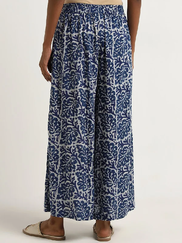 Utsa Blue Leaf Printed High-Rise Palazzos