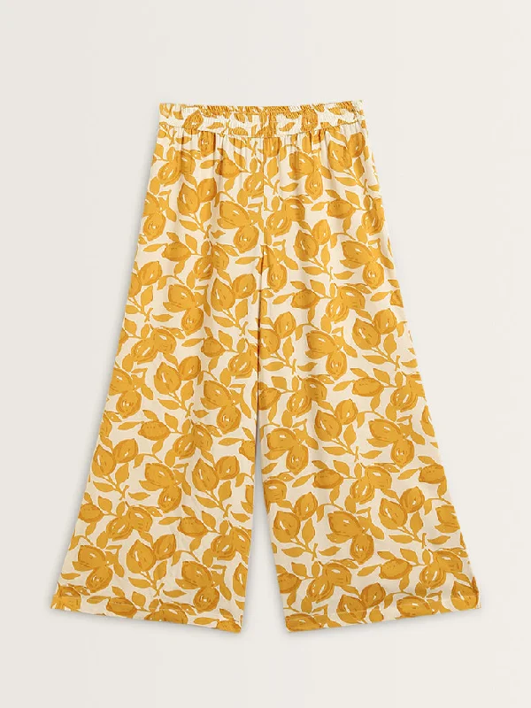 Utsa Yellow Floral Printed Mid-Rise Palazzos