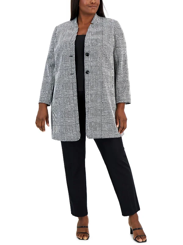 Womens Houndstooth Plaid Two-Button Blazer