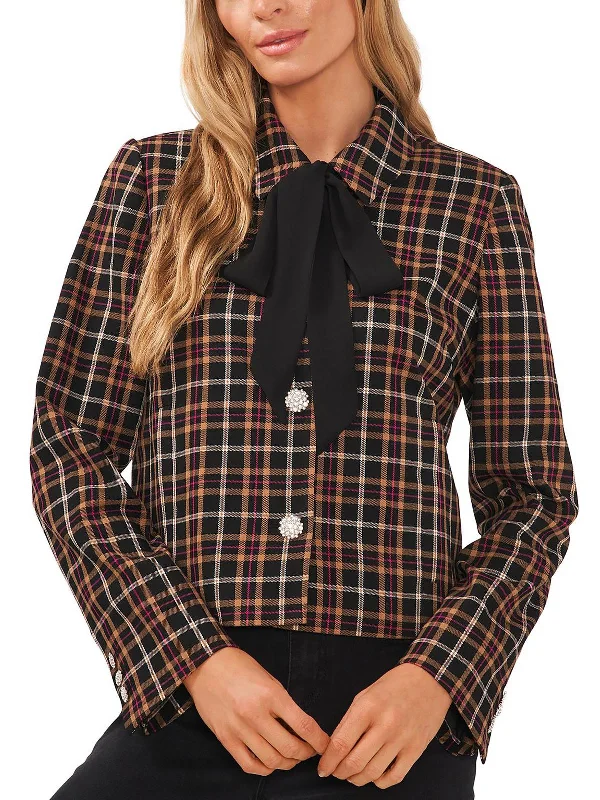 Womens Plaid Tie-Neck Suit Jacket