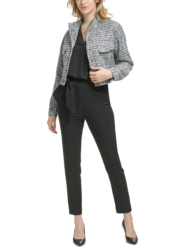 Womens Tweed Metallic Collarless Blazer