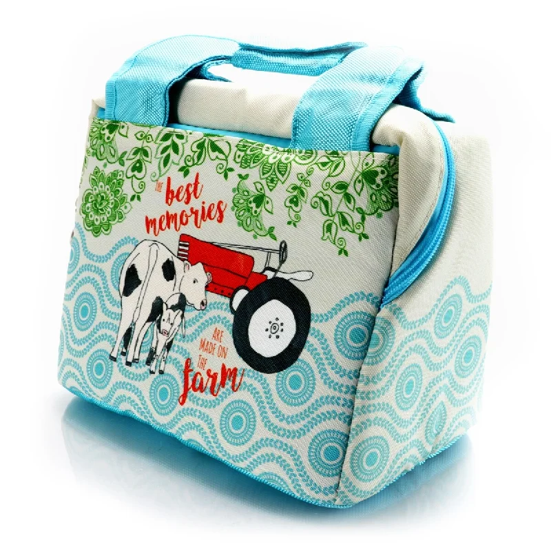 10.25 Inch Lunch Bag in Farm Decorative Design - Blue
