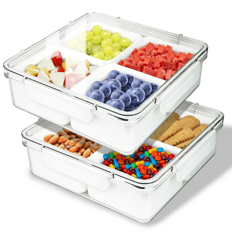 2 Pack Sealed 4 Compartment Snackle Box Container, Divided Food Serving Trays & platters with Lid for Snack, Fruit, Vegetable 2 Pack Sealed 4 Compartment Snackle Box Container, Divided Food Serving Trays & platters with Lid for Snack, Fruit, Vegetable