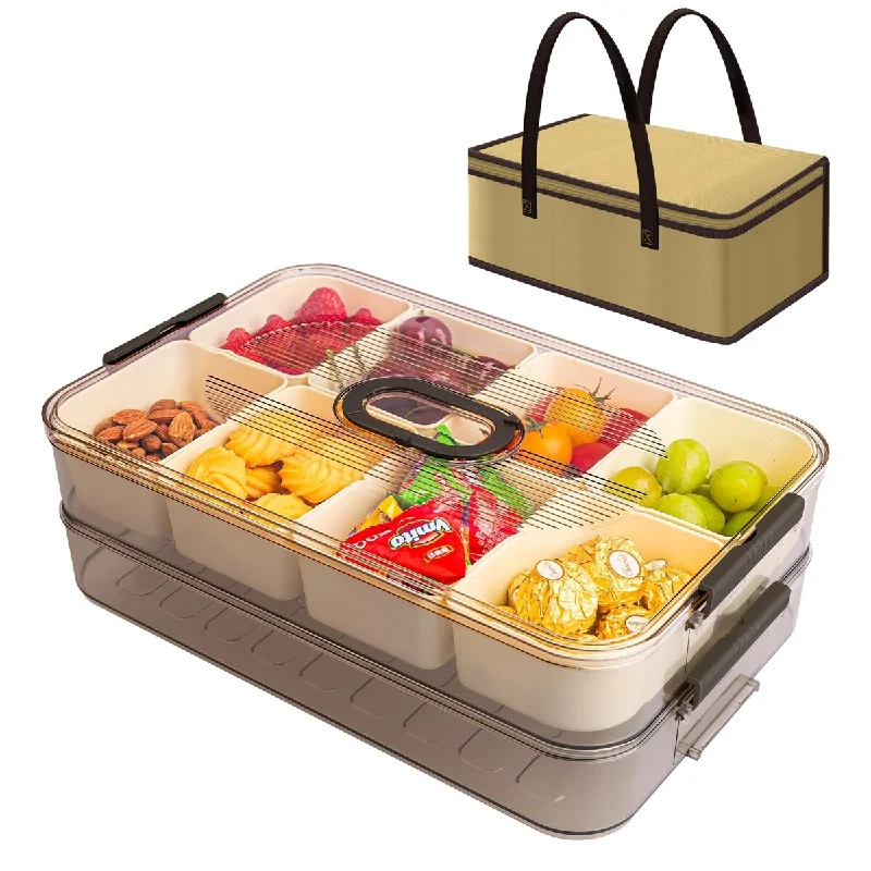 2 Pcs Snackle Box Container, Stackable Snack tray with lid Divided Portable Snack Platters Organizer, 8 Compartment - Silver