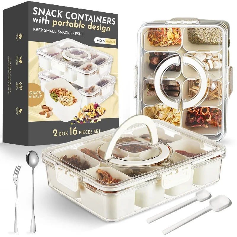 2PCS Divided Serving Tray with Lid and Handle, Charcuterie Box Snackle Box Container, 8 Compartments Snack Tray Portable Travel