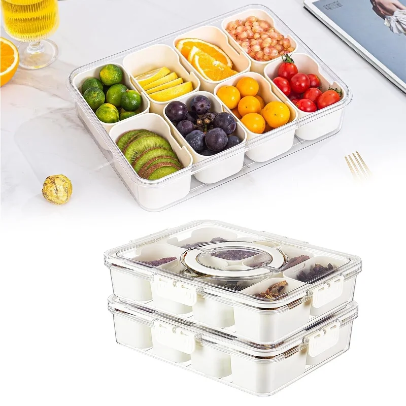 2Pcs Divided Serving Tray with Lid and Handle, Snack Box Container Snack Tray with Lid Candy Organizer(8 Compartments) - Silver