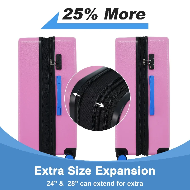 3 Pcs Lightweight Hardside Expandable Luggage Suitcase Set, Pink