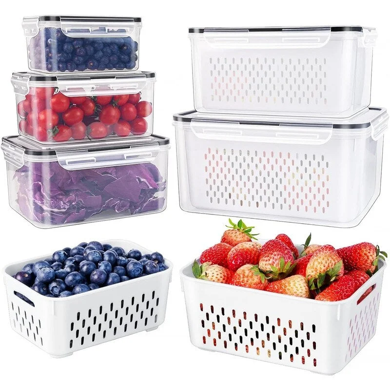 5 PCS Large Fruit Container for Refrigerator - Leak Proof Food Storage Container with Removable Strainer - Transparent+Black