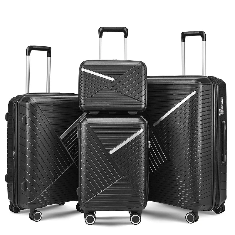 Black Luggage 4 Piece Set Suitcase Spinner Lightweight Hardshell Suitcases w/ Wheels PP Durable Travel Luggage TSA Lock Carry on Black Luggage 4 Piece Set Suitcase Spinner Lightweight Hardshell Suitcases w/ Wheels PP Durable Travel Luggage TSA Lock Carry on