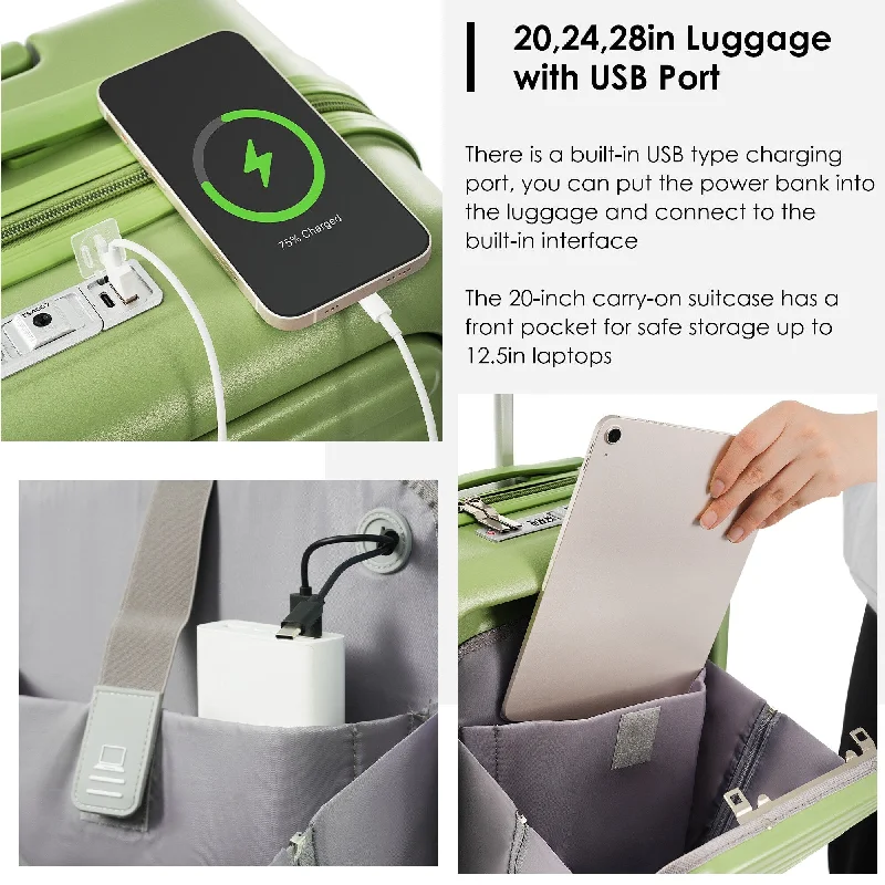 Front Opening 20-Inch Carry-On Luggage with Expandable Travel Bag Set, ABS Hard Shell Two-piece suitcase set with USB Port