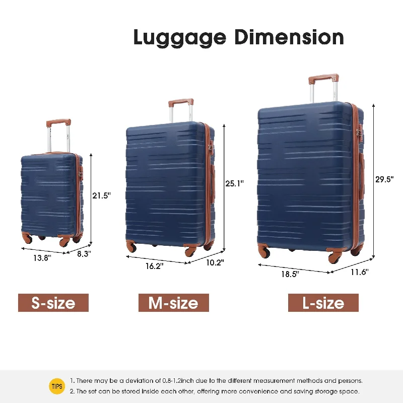 Hardshell Luggage Sets 3pcs Suitcase wTSA Lock Lightweight, Navy Blue