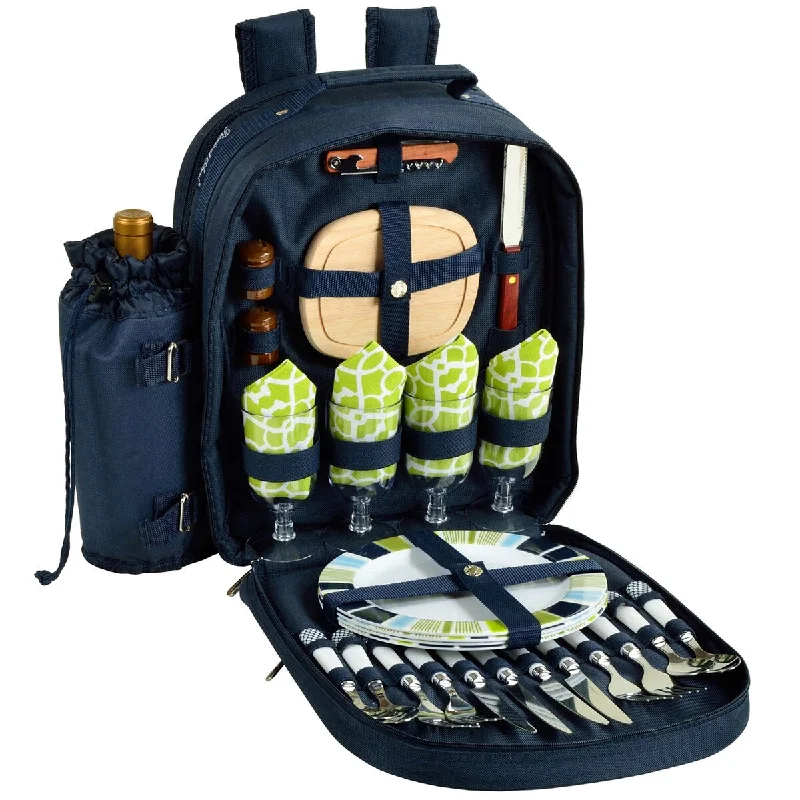 Picnic at Ascot - Deluxe Equipped 4 Person Picnic Backpack Bag with Cooler & Insulated Wine Holder - Trellis Green Picnic at Ascot - Deluxe Equipped 4 Person Picnic Backpack Bag with Cooler & Insulated Wine Holder - Trellis Green