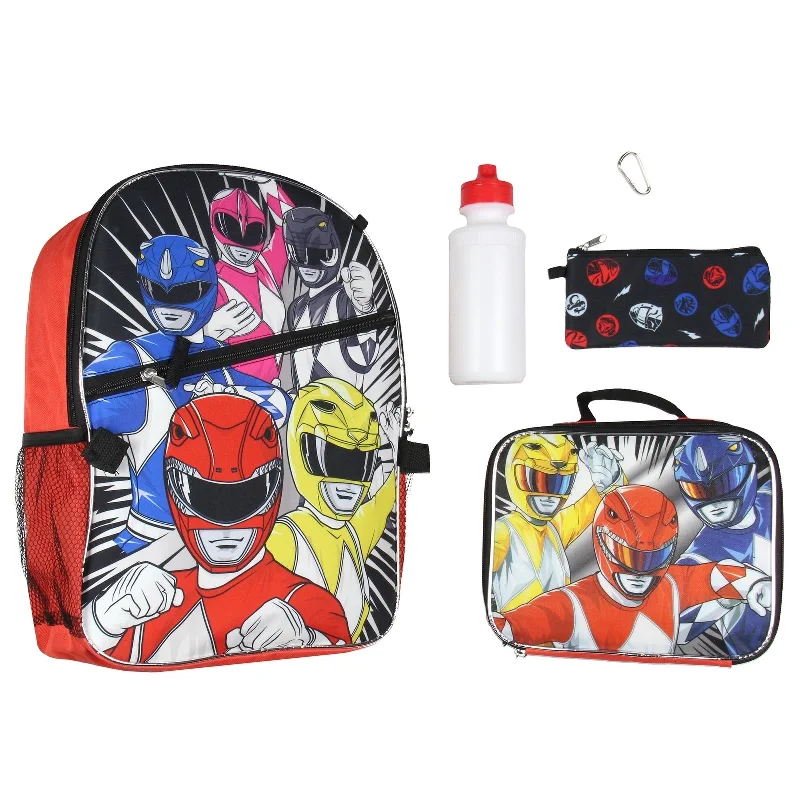 Power Rangers Let's Do This Red Pink Black Blue Ranger Backpack Lunch Bag Gadget Case Carabiner Water Bottle 5 Piece Set