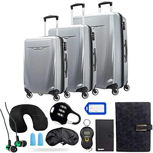 Samsonite Winfield 3 DLX 3 Piece Set (Spinner 20/25/28), Silver (120751-1776) with Deco Gear 10 Piece Luggage Accessory Ultimate Travel Bundle