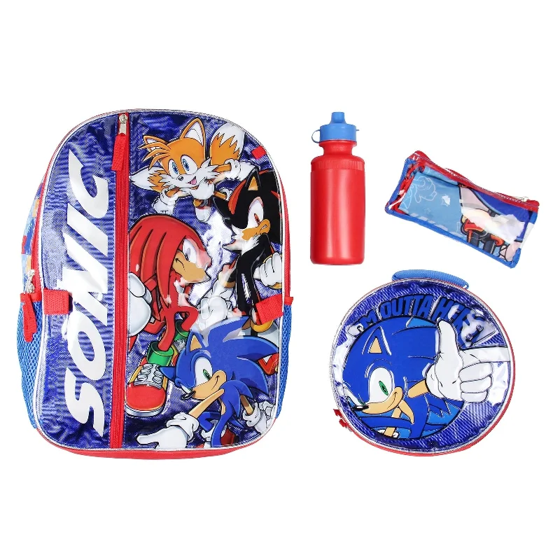 Sonic The Hedgehog Backpack 16" Fast Molded Lunch Box Cinch Bag 5PC Set - One Size