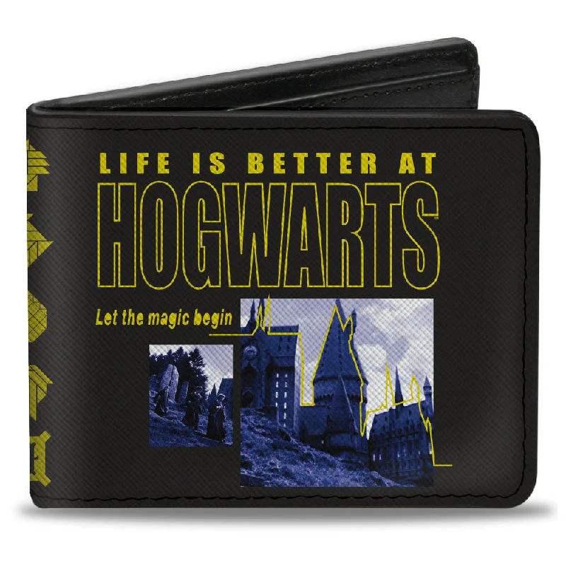Money clips with built-in bottle openers Glittery Sequined Passport Covers & Wallets for Party LoversBi-Fold Wallet - Harry Potter LIFE IS BETTER AT HOGWARTS Scenes Black Yellow Grays