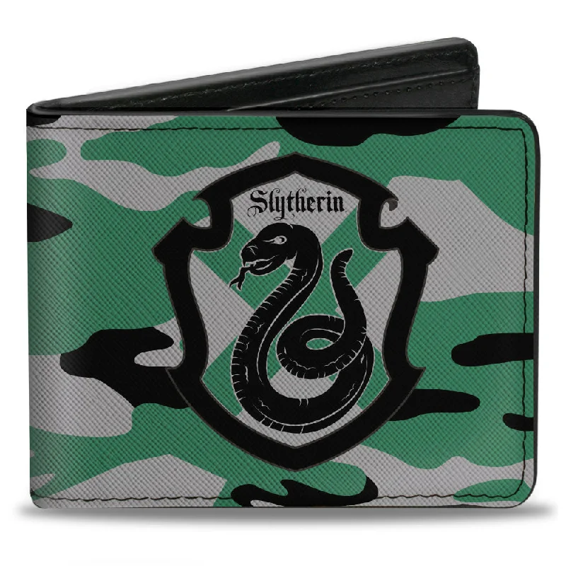 Money clips for women with sleek designs Monogrammed Leather Passport Covers & Wallets as Personalized GiftsBi-Fold Wallet - Harry Potter Slytherin Crest Camo Green Gray Black