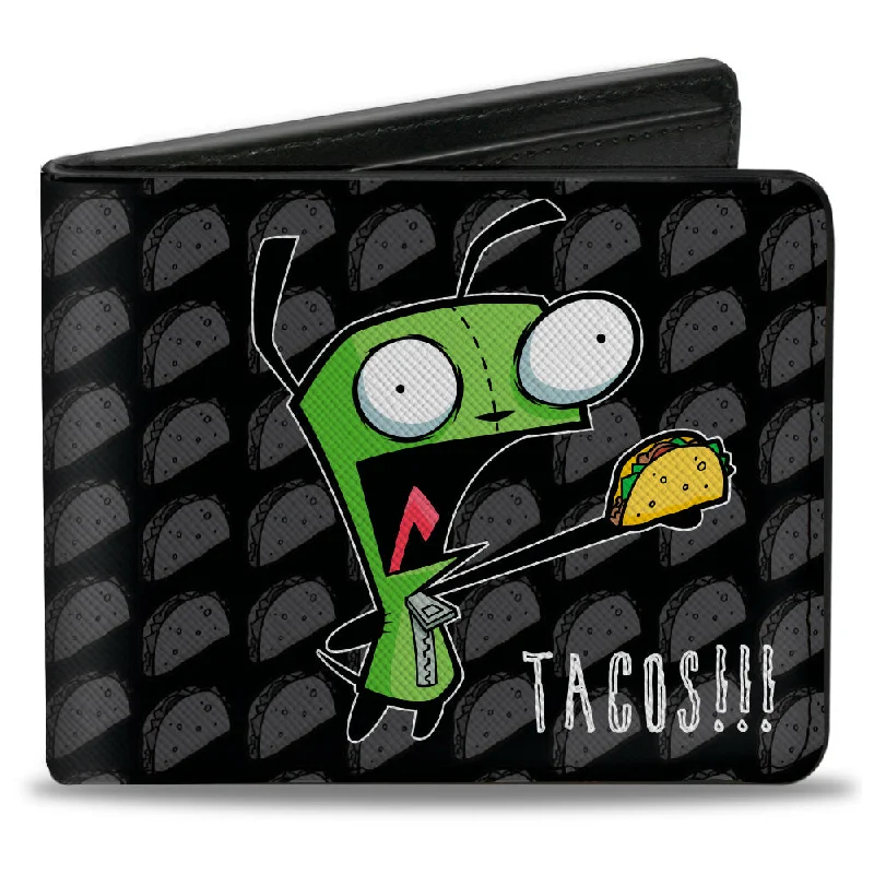 Luxury leather money clips with card slots Magnetic-Closure Passport Covers & Wallets for Quick AccessBi-Fold Wallet - Invader Zim GIR TACOS!!! Pose Taco Monogram Black/Gray