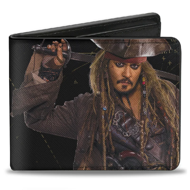 Slim money clips for minimalist wallets Minimalist Carbon Fiber Passport Covers & Wallets for Modern MenBi-Fold Wallet - Jack Sparrow Vivid Sword Pose + PIRATES Logo Skull Black Golds Silvers