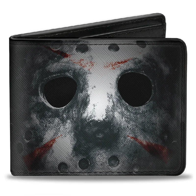 Stainless steel money clips for durability Embroidered Silk Passport Covers & Wallets with Gold Thread for Special OccasionsBi-Fold Wallet - Jason Mask3 CLOSE-UP + FRIDAY THE 13th Black Grays Red