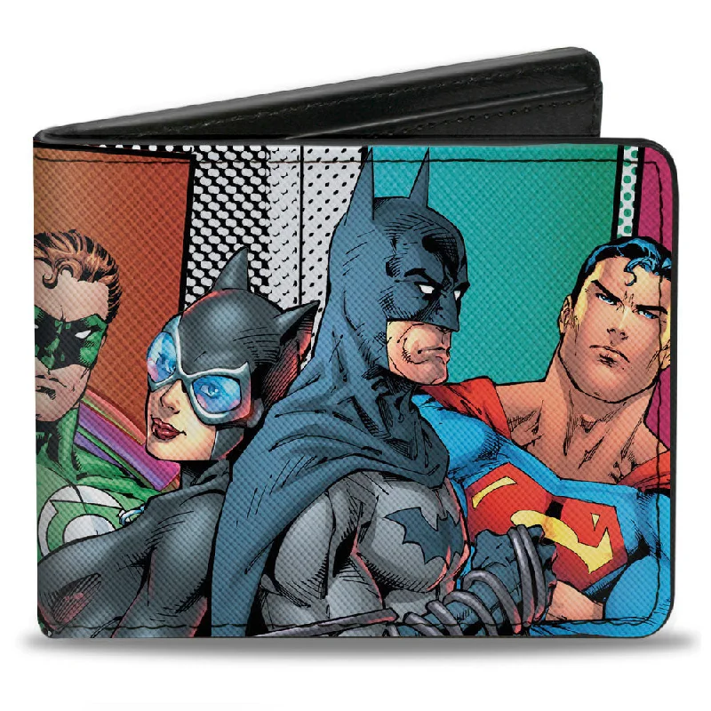 Luxury leather money clips with card slots Embroidered Silk Passport Covers & Wallets with Gold Thread for Special OccasionsBi-Fold Wallet - Justice Leage 4-Superheroes and 2-Villains Group Pose Halftone Blocks Multi Color