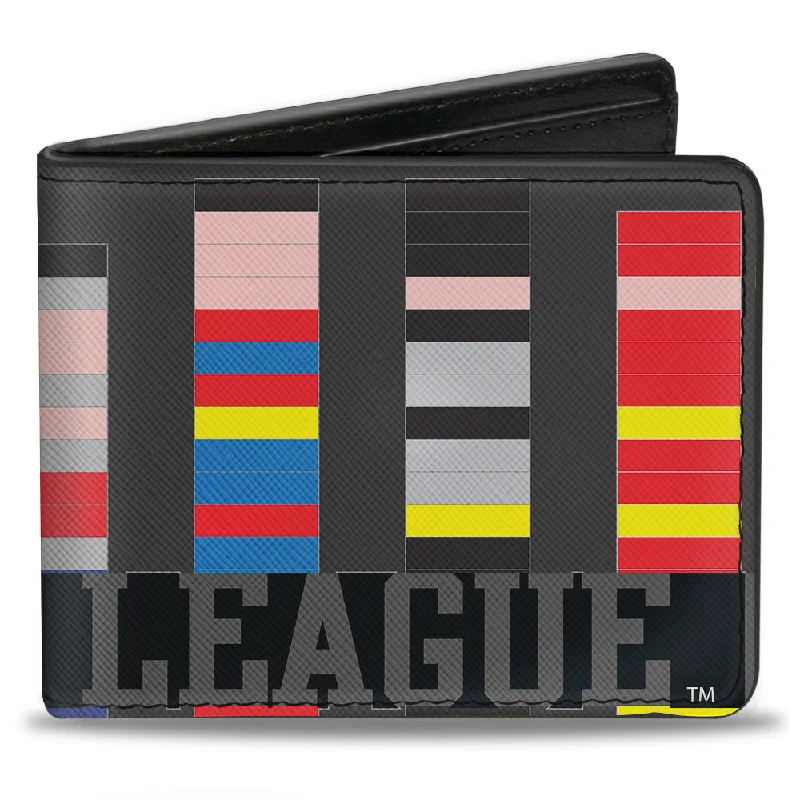 Eco-friendly money clips made from sustainable materials Vintage-Style Passport Covers & Wallets with Brass Hardware for Retro EnthusiastsBi-Fold Wallet - JUSTICE LEAGUE 1-Bit Superheroes Gray Black Multi Color
