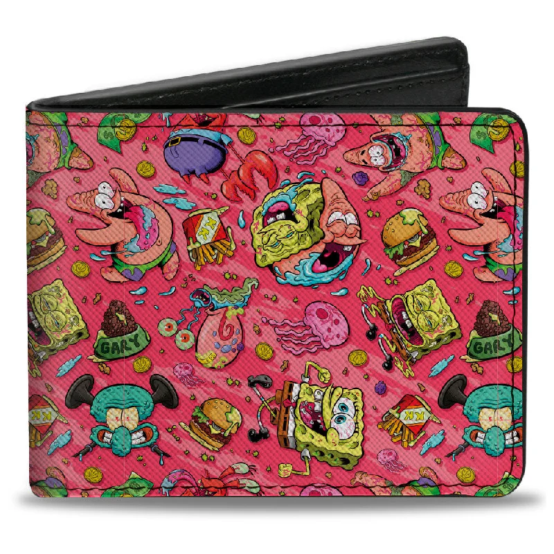 Slim money clips for minimalist wallets Cartoon-Themed Passport Covers & Wallets for Kids and Young AdultsBi-Fold Wallet - SpongeBob Funky Character Swirl Collage Pinks