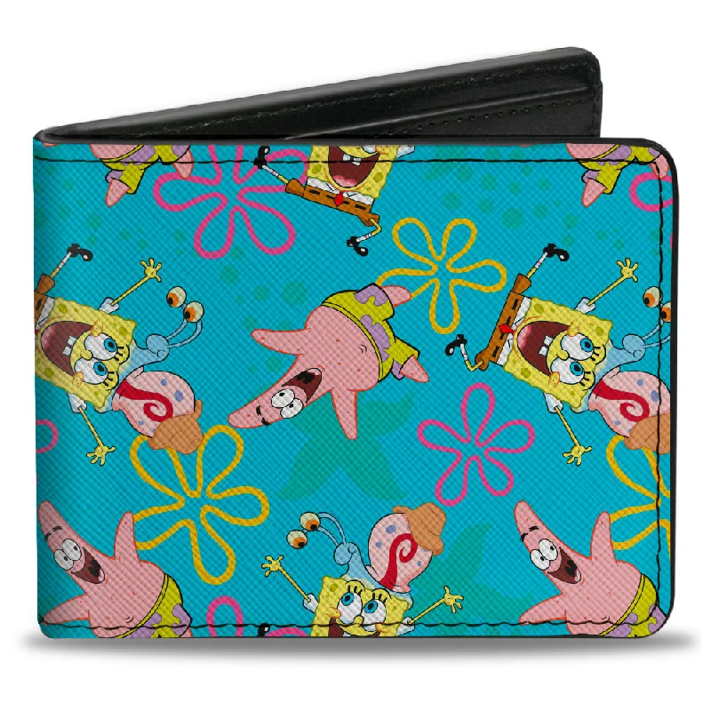 Stainless steel money clips for durability Monogrammed Leather Passport Covers & Wallets as Personalized GiftsBi-Fold Wallet - SpongeBob Patrick and Gary Joy Poses and Flowers Scattered Blue