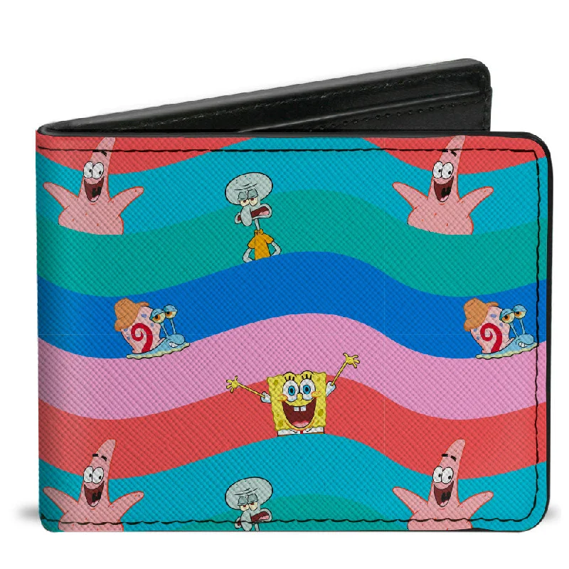 Vintage-style money clips for collectors Magnetic-Closure Passport Covers & Wallets for Quick AccessBi-Fold Wallet - SpongeBob SquarePants and Friends Poses Wavy Stripe Blues Reds