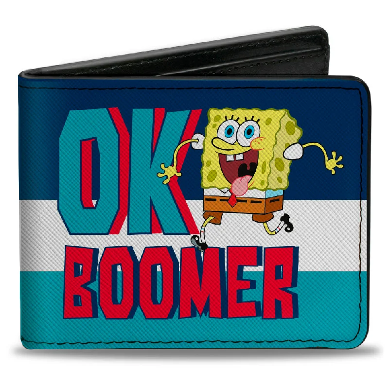 Personalized engraved money clips for men Cartoon-Themed Passport Covers & Wallets for Kids and Young AdultsBi-Fold Wallet - SpongeBob SquarePants OK BOOMER Tongue Out Pose Stripe Blues White