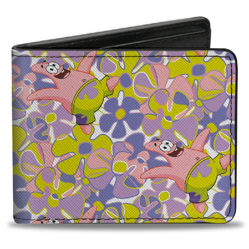 Money clips with RFID protection Foldable Passport Covers & Wallets Made of Flexible PVC for Easy StorageBi-Fold Wallet - SpongeBob SquarePants Patrick Starfish Sea Flowers Pose Collage Multi Color