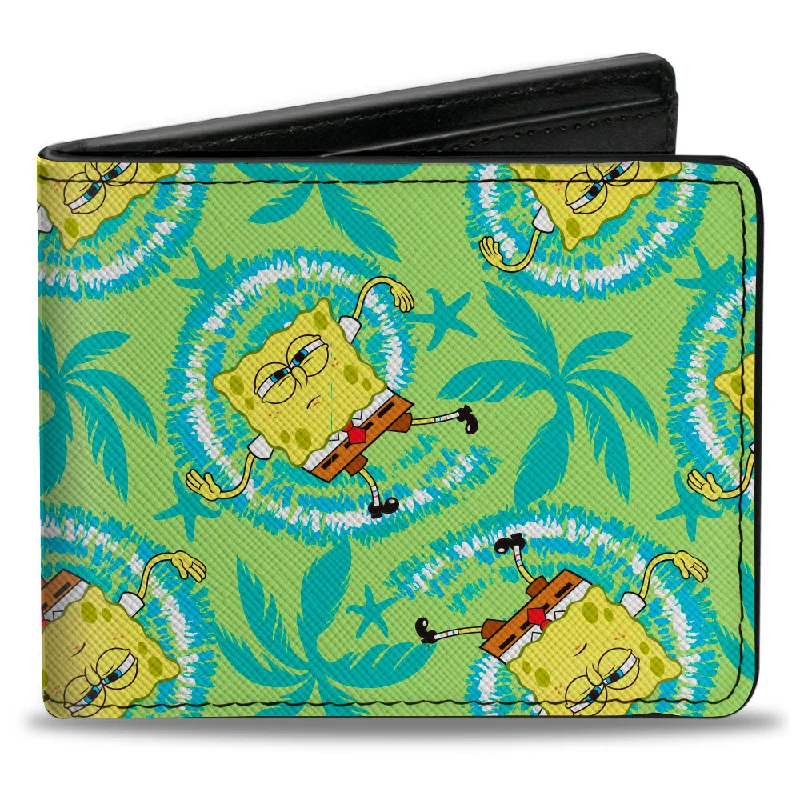 Luxury leather money clips with card slots Glittery Sequined Passport Covers & Wallets for Party LoversBi-Fold Wallet - SpongeBob Wavy Noodle Arm Pose Tropical Tie Dye Green Blue White