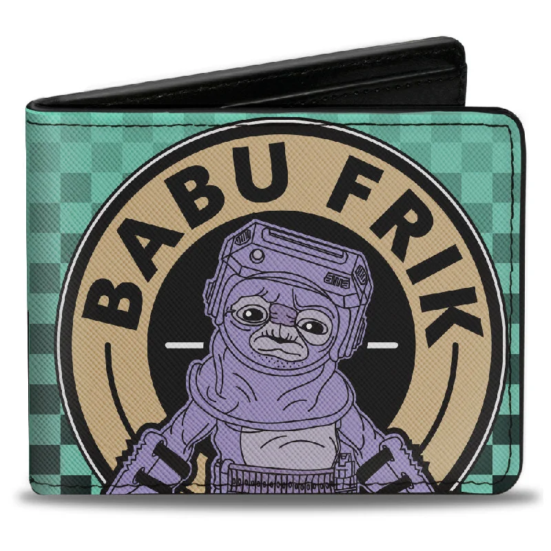 Eco-friendly money clips made from sustainable materials Leather Passport Covers & Wallets with Handmade Stitching for Luxury TravelersBi-Fold Wallet - Star Wars BABU FRIK Pose + STAR WARS DROIDSMITH Aurebesh Checker Teal Black White
