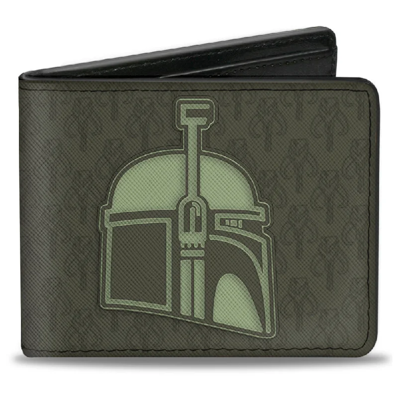 Vintage-style money clips for collectors Beaded Passport Covers & Wallets with Bohemian Vibe for Festival GoersBi-Fold Wallet - Star Wars Boba Fett Helmet + Mandalorian Crest Kyr'bes Skull Monogram Greens