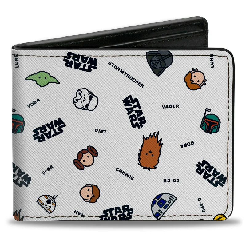 Elegant money clips for weddings Glittery Sequined Passport Covers & Wallets for Party LoversBi-Fold Wallet - STAR WARS Character Faces and Names Scattered White Black