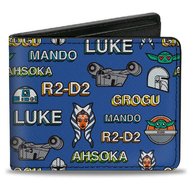 Elegant money clips for weddings Vegan Leather Passport Covers & Wallets for Environmentally Conscious PeopleBi-Fold Wallet - Star Wars Character Icon and Name Collage Blue